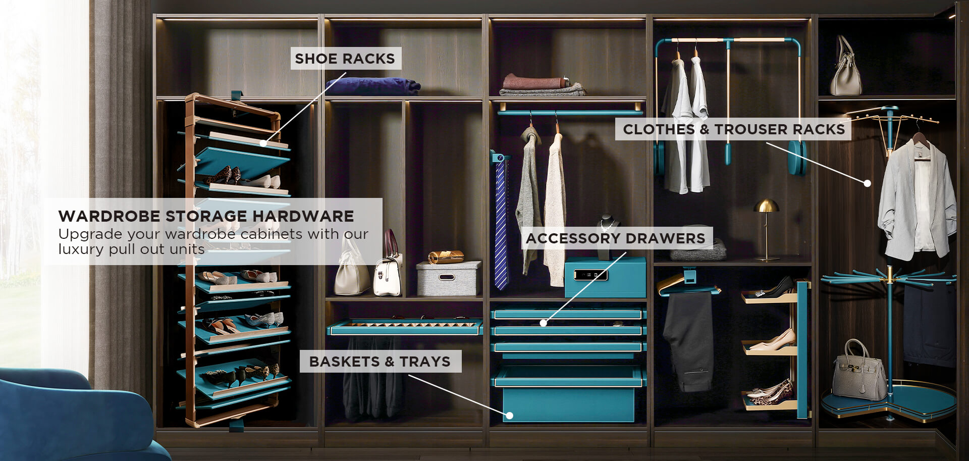 HIGOLD wardrobe storage hardware environment with labelled shoe racks, accessory drawers, baskets, trays and clothes storage